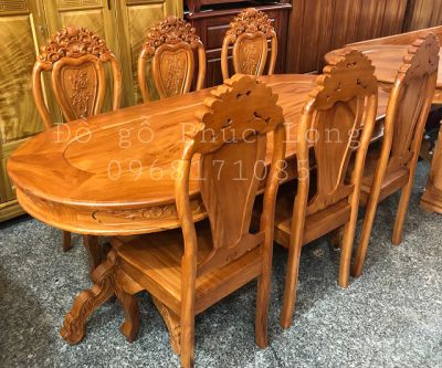 Bộ bàn ăn kiểu ovanl gỗ Gõ Đỏ - 6 ghế mẫu hoa hồng