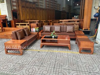 Bộ Sofa 2 văng gỗ Hương cao cấp kèm nệm da