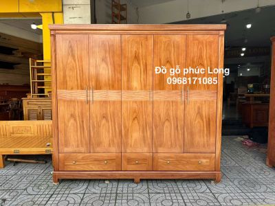 Tủ quần áo gỗ Gõ Đỏ cao cấp mẫu cánh sóng 5 cánh 